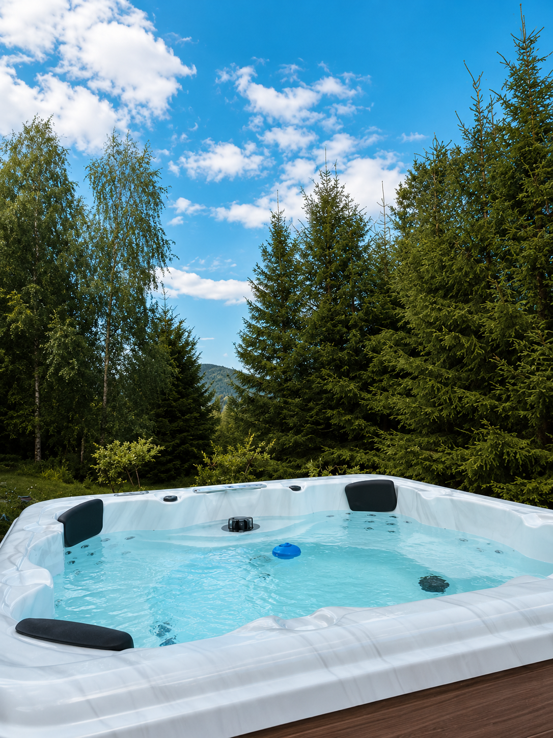 Zewnętrzne jacuzzi z widokiem na beskidzki las